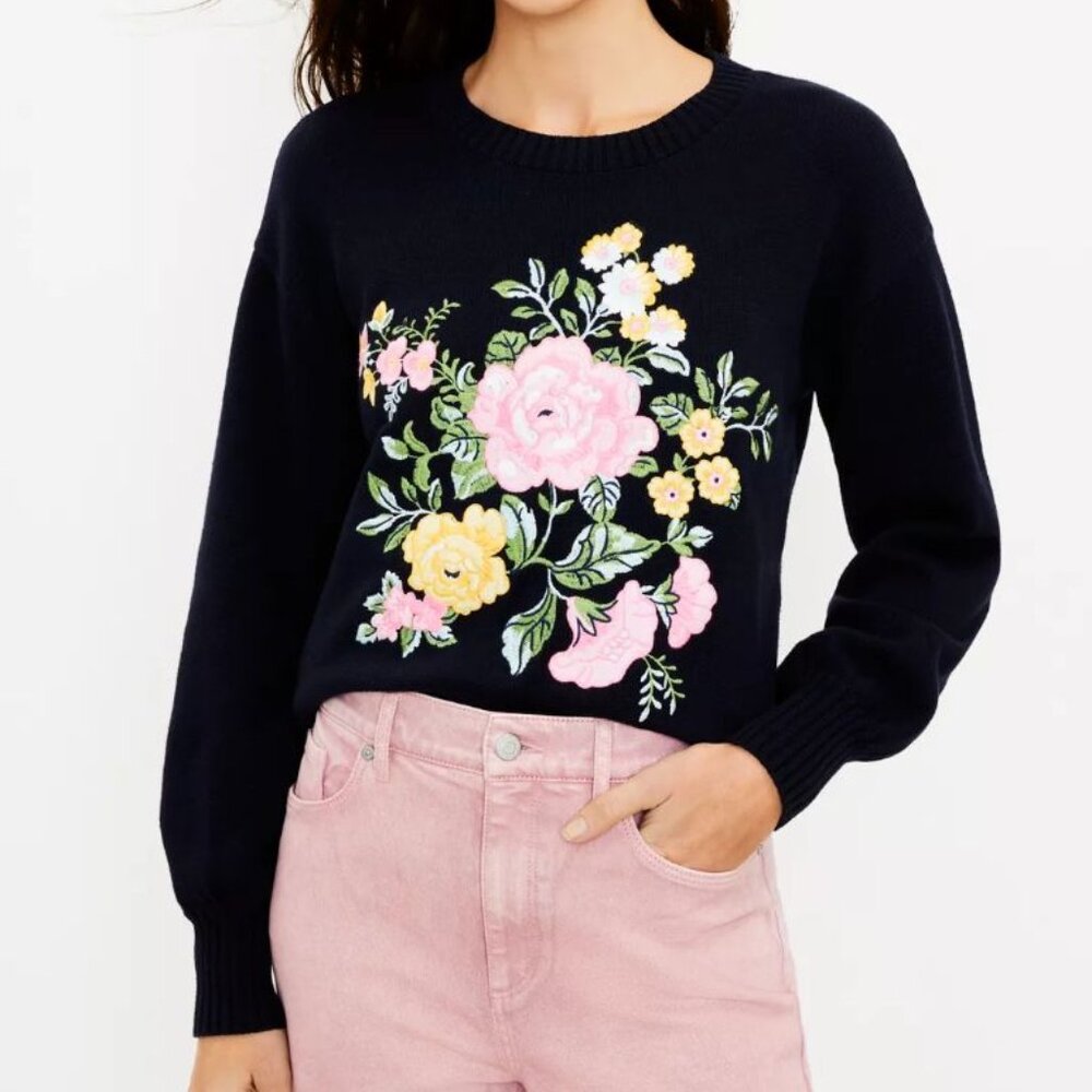 LOFT Navy and Pink Crewneck Sweater with Floral Embroidery Sz S
